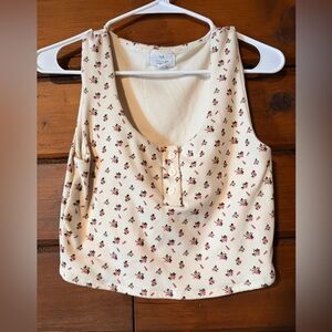 Cream Floral Ribbed Henley Crop Tank Top